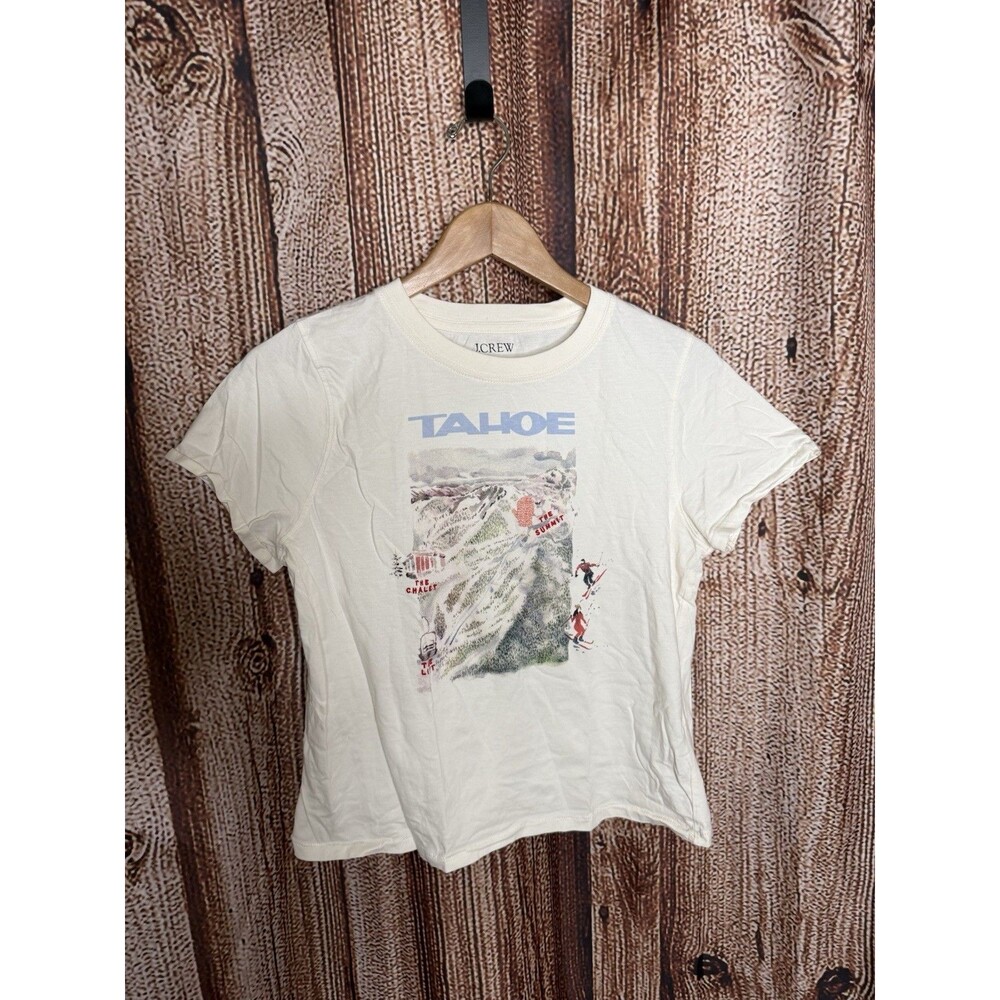 J. Crew Womens White Short Sleeve Lake Tahoe Ski Graphic T-shirt Size Medium